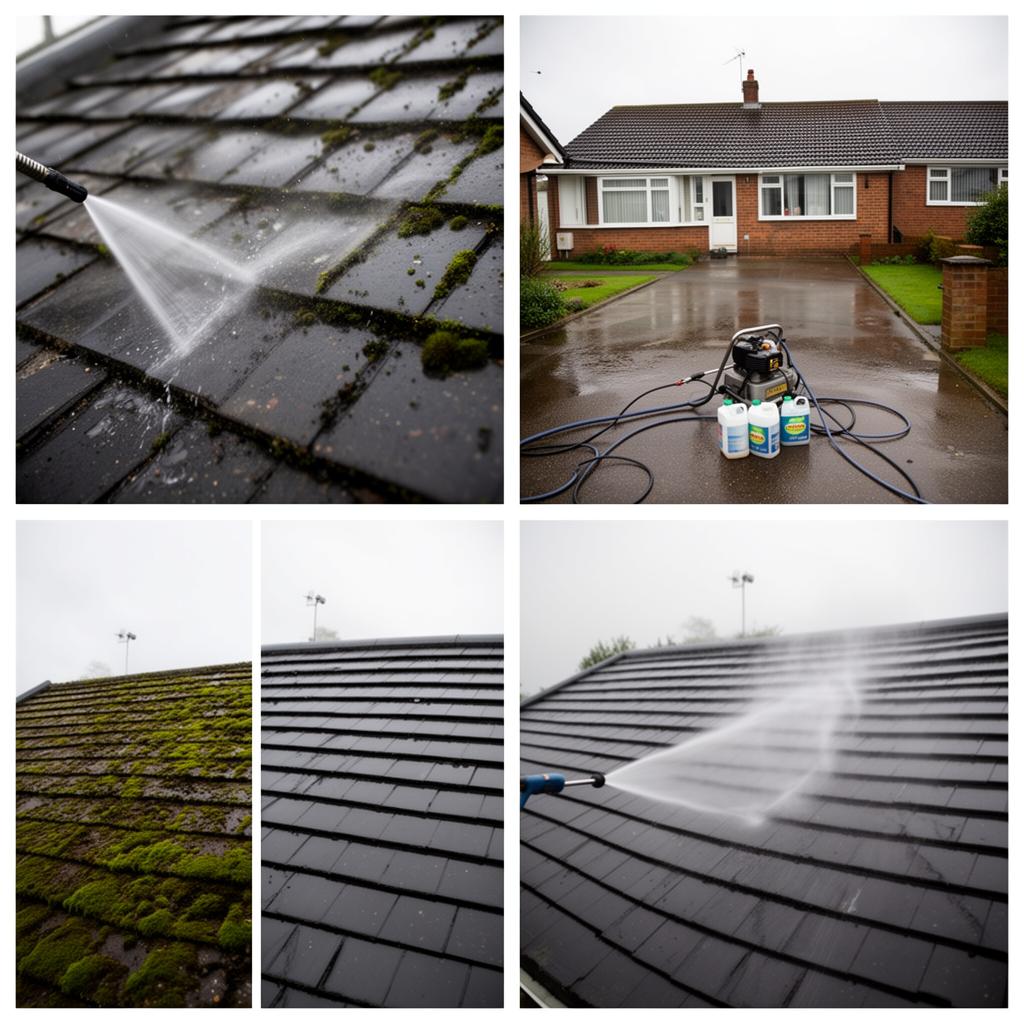 Collage of 4 professional roof cleaning action shots showing water spray cleaning roof tiles, equipment, and before/after results
